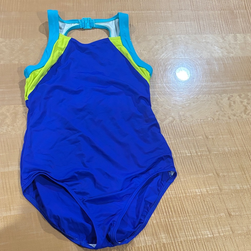 Lands' End Blue Swimsuit with Yellow Trim